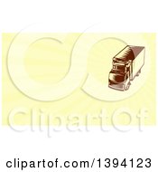 Retro Woodcut Brown And Yellow Refrigerated Big Rig Truck And Yellow Rays Background Or Business Card Design