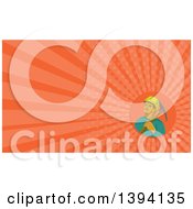 Retro Watercolor Styled Coal Miner With A Pick Axe Over His Shoulder And Orange Rays Background Or Business Card Design