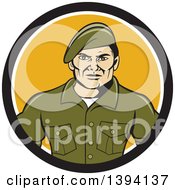 Clipart Of A Cartoon Male Service Ranger In A Black White And Yellow Circle Royalty Free Vector Illustration