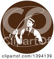 Poster, Art Print Of Retro Mobster Gangster Guy Fly Fishing In A Brown Circle