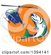 Poster, Art Print Of Retro White Green And Blue Barramundi Asian Sea Bass Fish Jumping And Swallowing A Fishing Line Attached To A Helicopter