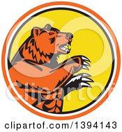 Poster, Art Print Of Retro California Grizzly Bear Attacking In An Orange White Black And Yellow Circle