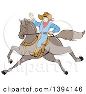 Cartoon Cowboy Raising An Arm And Riding A Horse