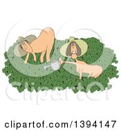 Cartoon Happy Caucasian Couple In The Nude On Naked Gardening Day