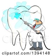 Cartoon Chubby Caucasian Male Dentist Power Washing A Tooth