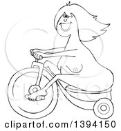 Cartoon Black And White Lineart Chubby Nudist Woman Riding A Trike Naked