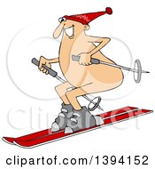 Cartoon Happy Caucasian Guy Skiing Naked