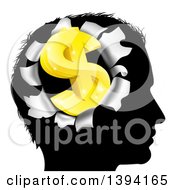 Poster, Art Print Of Black Silhouetted Mans Head With A 3d Gold Dollar Symbol Breaking Out Thinking About Money