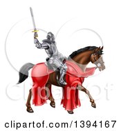 Poster, Art Print Of 3d Full Armored Medieval Knight On A Brown Horse Holding Up A Sword