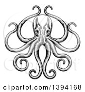 Clipart Of A Black And White Retro Woodcut Octopus With Its Tentacles In An Ornate Pose Royalty Free Vector Illustration by AtStockIllustration
