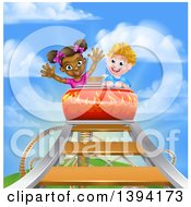 Clipart Of A Happy White Boy And Black Girl At The Top Of A Roller Coaster Ride Against A Blue Sky With Clouds Royalty Free Vector Illustration by AtStockIllustration