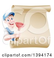 Poster, Art Print Of Middle Aged Brunette White Male Plumber Wearing A Baseball Cap Holding A Plunger Around A Scroll Sign