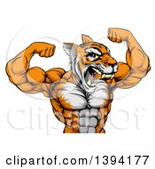 Poster, Art Print Of Roaring Tough Tiger Man Flexing His Big Muscles