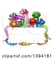 Cartoon Group Of Colorful Happy Snakes Around A Blank Sign