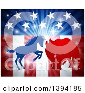 Poster, Art Print Of Silhouetted Political Aggressive Democratic Donkey Or Horse And Republican Elephant Fighting Over American Stars And Stripes And A Burst