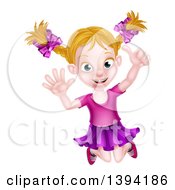 Poster, Art Print Of Happy Blond White Girl Jumping And Giving A Thumb Up
