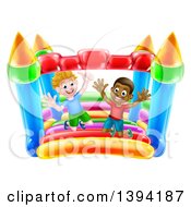 Clipart Of Cartoon Happy White And Black Boys Jumping On A Bouncy House Castle Royalty Free Vector Illustration by AtStockIllustration