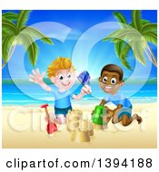 Happy White And Black Boys Playing And Making Sand Castles On A Tropical Beach