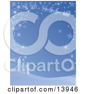 Poster, Art Print Of Blue Wintry Background Of Santas Reindeer Leading The Sleigh Through The Sky On A Snowy Wintry Night Above Snow Flocked Trees