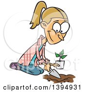 Cartoon Happy Blond Caucasian Woman Kneeling And Planting A Seedling
