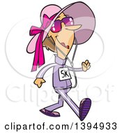 Clipart Of A Cartoon Happy Caucasian Lady Wearing Sunglasses And A Hat Walking A 5k Royalty Free Vector Illustration by toonaday