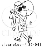 Clipart Of A Cartoon Black And White Happy Lady Wearing Sunglasses And A Hat Walking A 5k Royalty Free Vector Illustration