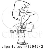 Poster, Art Print Of Cartoon Black And White Energetic Female Nurse Holding A Medical Chart On A Clipboard And Wearing A Vaccine Belt