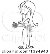 Clipart Of A Cartoon Black And White Greek Goddess Persephone Holding A Pomegranate Royalty Free Vector Illustration by toonaday