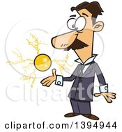 Poster, Art Print Of Cartoon Male Electrical Engineer Nicola Tesla With A Floating Ball Of Energy