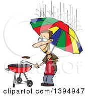 Cartoon Dedicated White Man Holding An Umbrella Nd Flipping A Burger On A Bbq Grill In The Rain