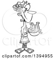 Clipart Of A Cartoon Black And White Greek God Apollo Holding A Lyre Royalty Free Vector Illustration