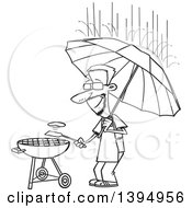 Poster, Art Print Of Cartoon Black And White Dedicated Man Holding An Umbrella Nd Flipping A Burger On A Bbq Grill In The Rain