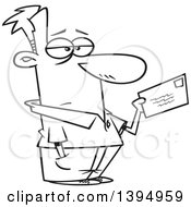 Clipart Of A Cartoon Black And White Unhappy Man Mailing A Letter Or Tax Payment Royalty Free Vector Illustration