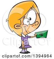 Cartoon Caucasian Girl Holding Out Cash Money To Buy Something