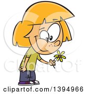 Clipart Of A Cartoon White Girl Holding A Spring Flower Royalty Free Vector Illustration by toonaday