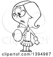 Clipart Of A Cartoon Black And White Bratty And Spoiled Girl Veruca Salt Holding An Egg Royalty Free Vector Illustration