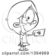 Clipart Of A Cartoon Black And White Girl Holding Out Cash Money To Buy Something Royalty Free Vector Illustration by toonaday