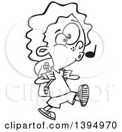 Clipart Of A Cartoon Black And White Happy Girl Whistling And Walking To School Royalty Free Vector Illustration