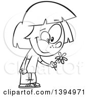 Cartoon Black And White Girl Holding A Spring Flower