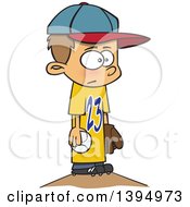 Poster, Art Print Of Cartoon White Boy Wearing A Big Jersey And Standing On Baseball Pitchers Mound