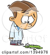 Cartoon White Boy Looking Down Sadly At A Broken Science Laboratory Flask