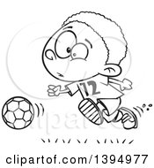 Poster, Art Print Of Cartoon Black And White African American Boy Playing Soccer