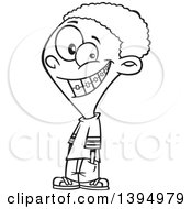 Cartoon Black And White African American Boy Grinning And Showing His Braces