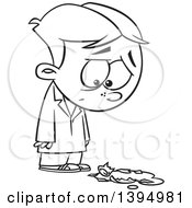 Clipart Of A Cartoon Black And White Boy Looking Down Sadly At A Broken Science Laboratory Flask Royalty Free Vector Illustration