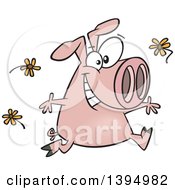 Poster, Art Print Of Cartoon Happy Pink Pig Running And Tossing Spring Flowers