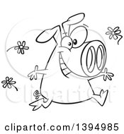 Poster, Art Print Of Cartoon Black And White Happy Pig Running And Tossing Spring Flowers