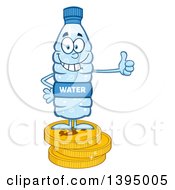 Cartoon Bottled Water Mascot Standing On Coins And Giving A Thumb Up