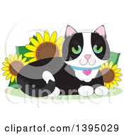Cartoon Happy Green Eyed Tuxedo Cat Resting In A Sunflower Garden