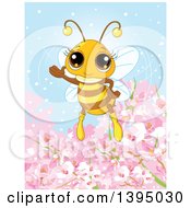 Poster, Art Print Of Cute Bee Waving Over Spring Blossom Flowers