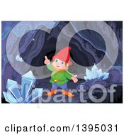 Happy Mining Gnome And Crystals In A Cave